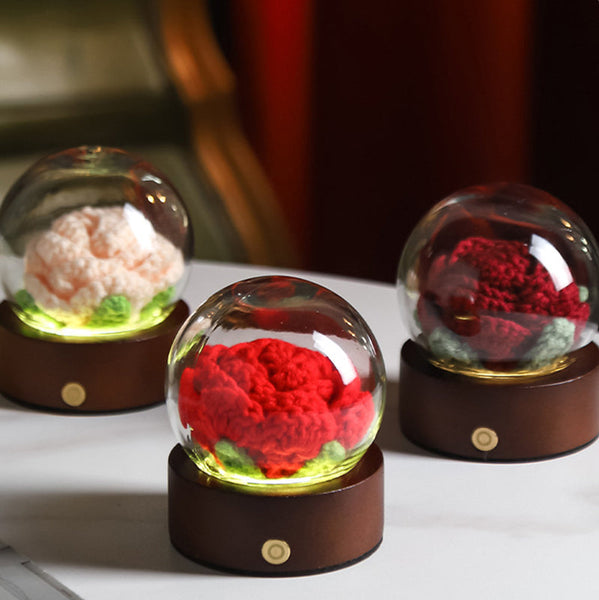 Yellow Rose Handcrafted Crochet Flower Led Night Light Usb Rechargeable Glass Dome Lamp With Wood Base 3 Color Modes Night Lights