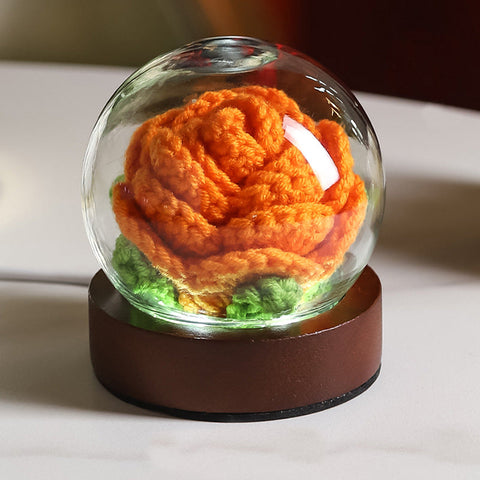 Orange Rose Handcrafted Crochet Flower Led Night Light Usb Rechargeable Glass Dome Lamp With Wood Base 3 Color Modes Night Lights