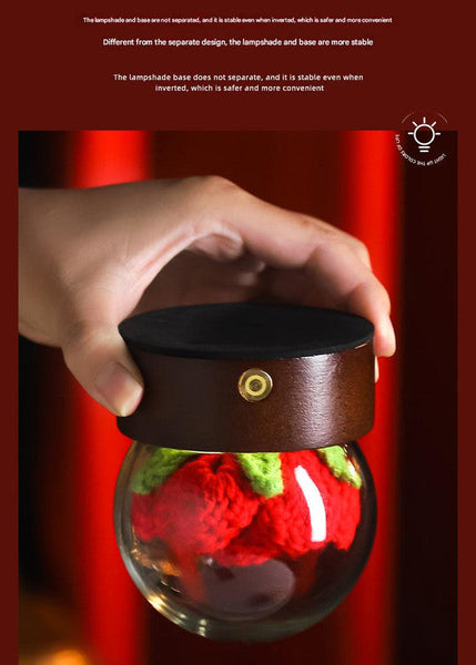 Orange Rose Handcrafted Crochet Flower Led Night Light Usb Rechargeable Glass Dome Lamp With Wood Base 3 Color Modes Night Lights