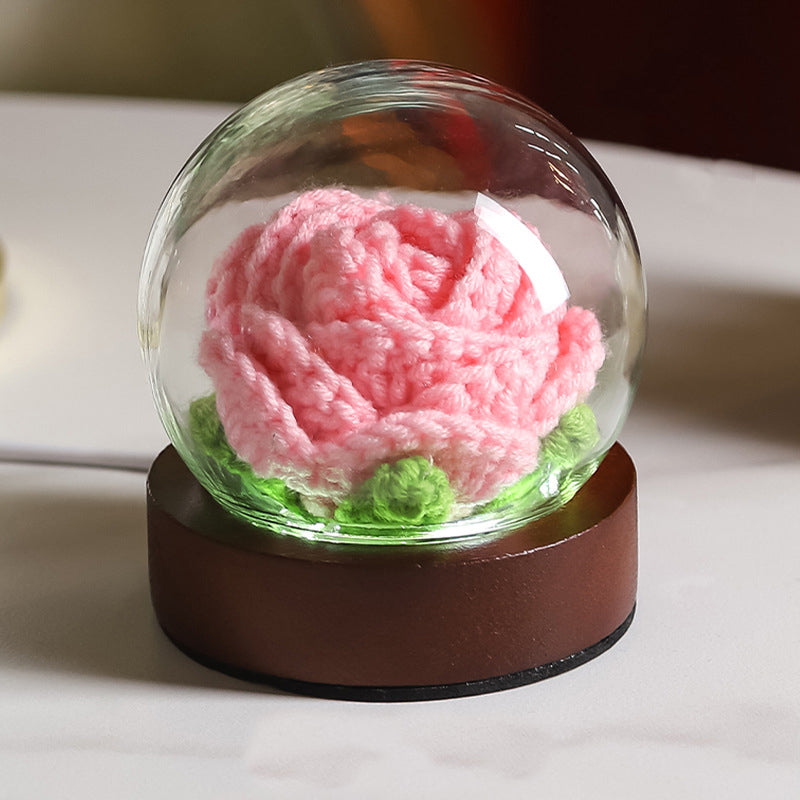 Pink Rose Handcrafted Crochet Flower Led Night Light Usb Rechargeable Glass Dome Lamp With Wood Base 3 Colour Modes Night Lights