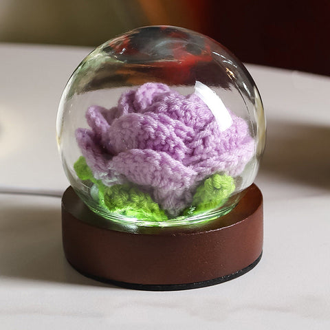 Purple Rose Handcrafted Crochet Flower Led Night Light Usb Rechargeable Glass Dome Lamp With Wood Base 3 Colour Modes Night Lights