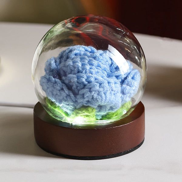 Blue Rose Handcrafted Crochet Flower Led Night Light Usb Rechargeable Glass Dome Lamp With Wood Base 3 Color Modes Lamps