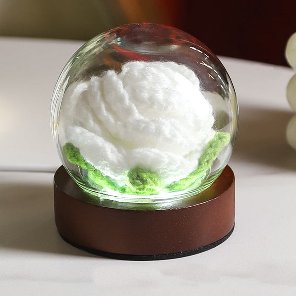 White Rose Handcrafted Crochet Flower Led Night Light Usb Rechargeable Glass Dome Lamp With Wood Base 3 Color Modes Night Lights