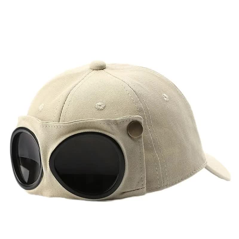Elosung Beige Stylish Aviator Goggle Baseball Cap Unisex Outdoor Cotton Sun Hat Hats & Headwear