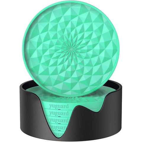 Green And Black Geometric Silicone Drink Set (6 Pack) With Holder Non Slip Table Protectors Coasters