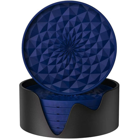 Dark Blue And Black Geometric Silicone Drink Set (6 Pack) With Holder Non Slip Table Protectors Coasters