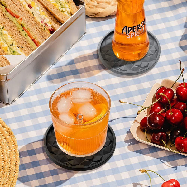 Dark Blue And Black Geometric Silicone Drink Set (6 Pack) With Holder Non Slip Table Protectors Coasters