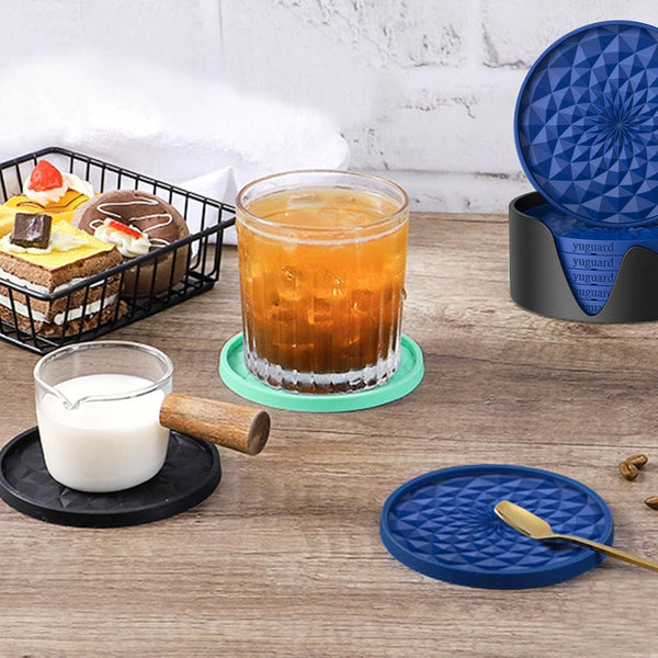 Grey And Black Geometric Silicone Drink Set (6 Pack) With Holder Non Slip Table Protectors Coasters