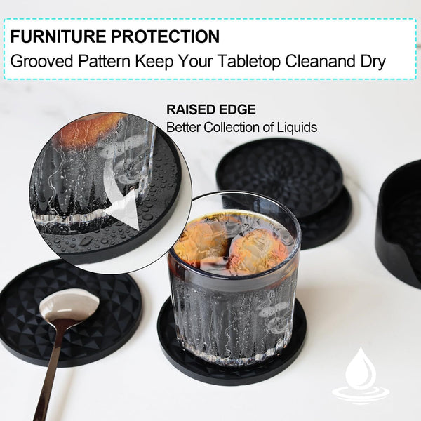 Grey And Black Geometric Silicone Drink Set (6 Pack) With Holder Non Slip Table Protectors Coasters