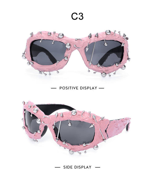 Pink Edgy Punk Rock Spiked Statement Goth Studded Eyewear Sunglasses