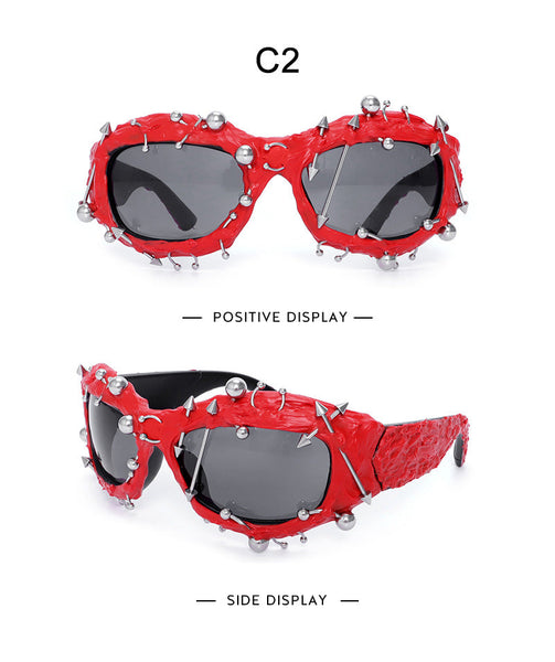 Red Edgy Punk Rock Spiked Statement Goth Studded Eyewear Sunglasses
