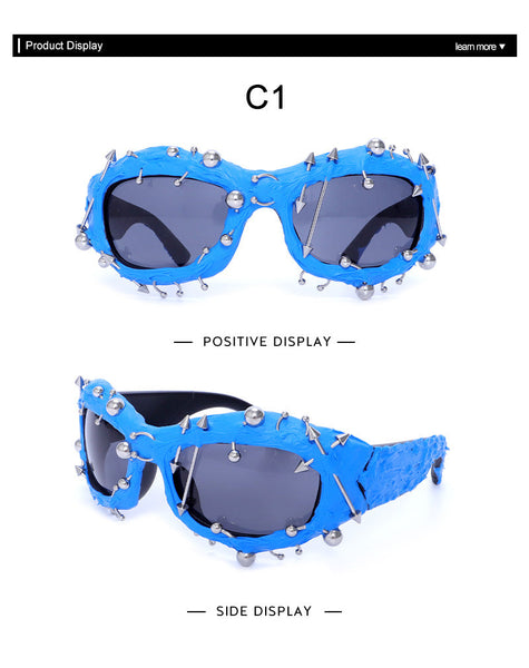 Blue Edgy Punk Rock Spiked Statement Goth Studded Eyewear Sunglasses
