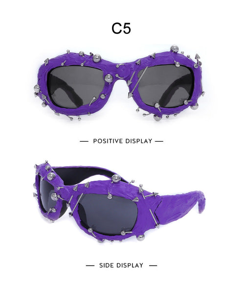 Purple Edgy Punk Rock Spiked Statement Goth Studded Eyewear Sunglasses