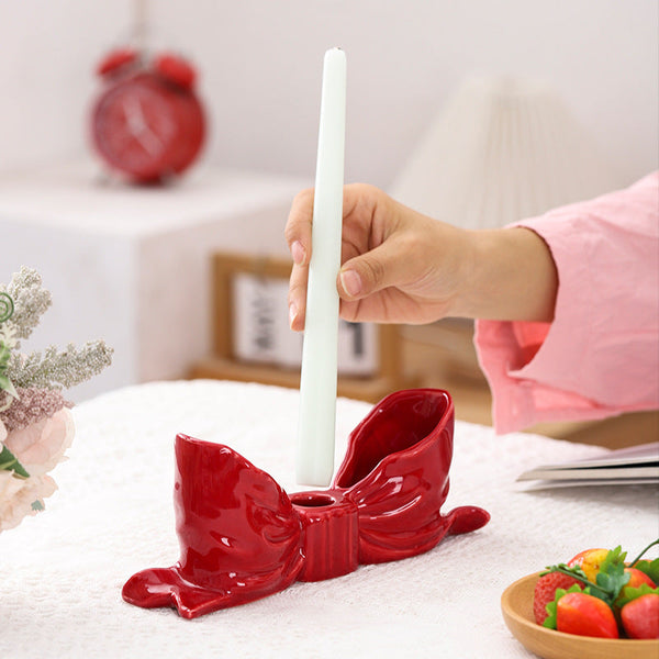 Red Elegant Ceramic Bow Taper Candle Holder Stylish Tabletop Decor Accent Candle Holders & Accessories