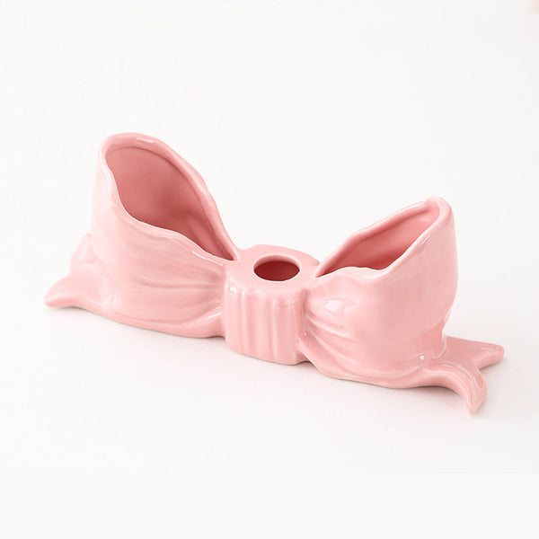 Pink Elegant Ceramic Bow Taper Candle Holder Stylish Tabletop Decor Accent Candle Holders & Accessories