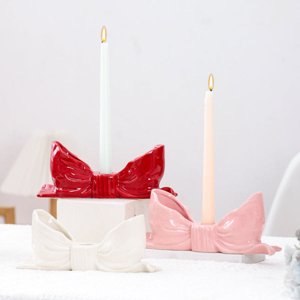 Pink Elegant Ceramic Bow Taper Candle Holder Stylish Tabletop Decor Accent Candle Holders & Accessories