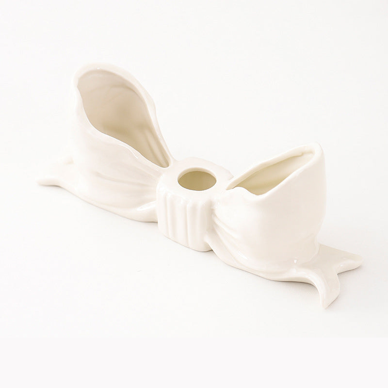 White Elegant Ceramic Bow Taper Candle Holder Stylish Tabletop Decor Accent Candle Holders & Accessories