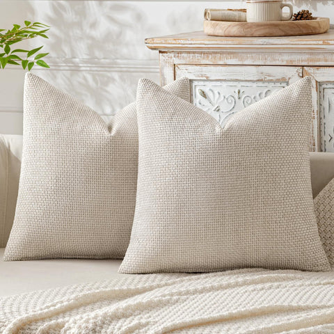Beige Plush Chenille Set Of 2 Soft Textured Decorative Throw Pillow Cases For Sofa Couch 45X45cm Cushion Covers