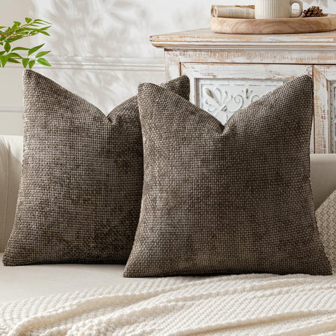 Brown Plush Chenille Set Of 2 Soft Textured Decorative Throw Pillow Cases For Sofa Couch 45X45cm Cushion Covers