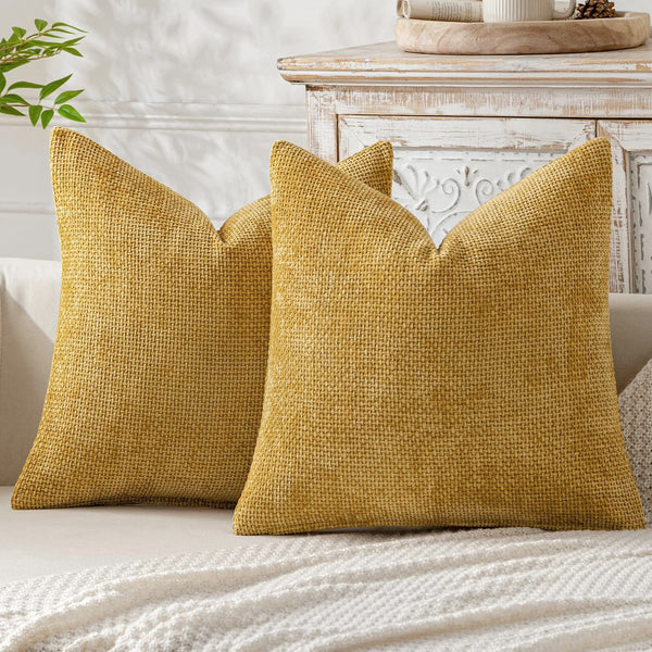 Yellow Plush Chenille Set Of 2 Soft Textured Decorative Throw Pillow Cases For Sofa Couch 45X45cm Cushion Covers