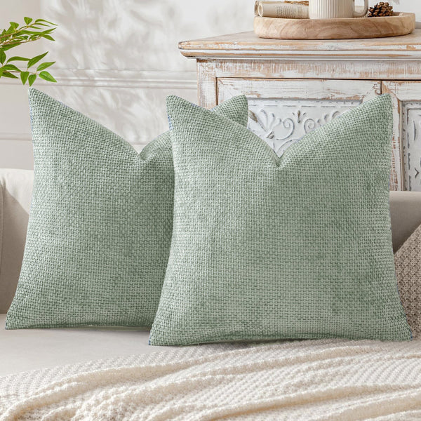 Light Green Plush Chenille Set Of 2 Soft Textured Decorative Throw Pillow Cases For Sofa Couch 45X45cm Cushion Covers