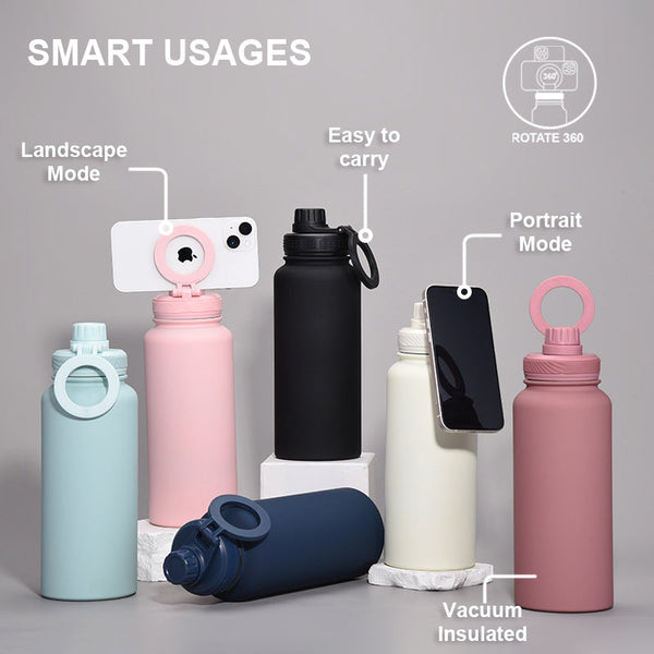 Brown 1L Stainless Steel Water Bottle With Magnetic Phone Holder Lid Portable Hydration & Hands Free Stand Water Bottles & Vacuum Flasks