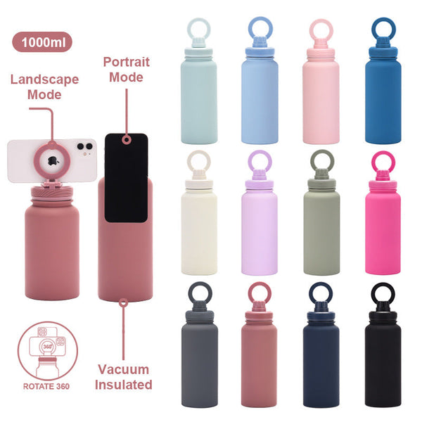 Brown 1L Stainless Steel Water Bottle With Magnetic Phone Holder Lid Portable Hydration & Hands Free Stand Water Bottles & Vacuum Flasks