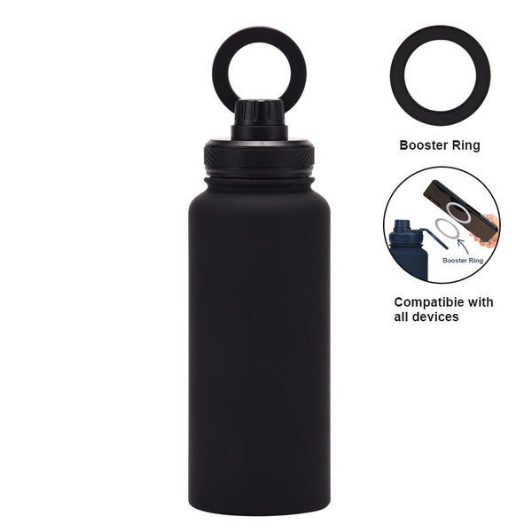 Black 1L Stainless Steel Water Bottle With Magnetic Phone Holder Lid Portable Hydration & Hands Free Stand Water Bottles & Vacuum Flasks