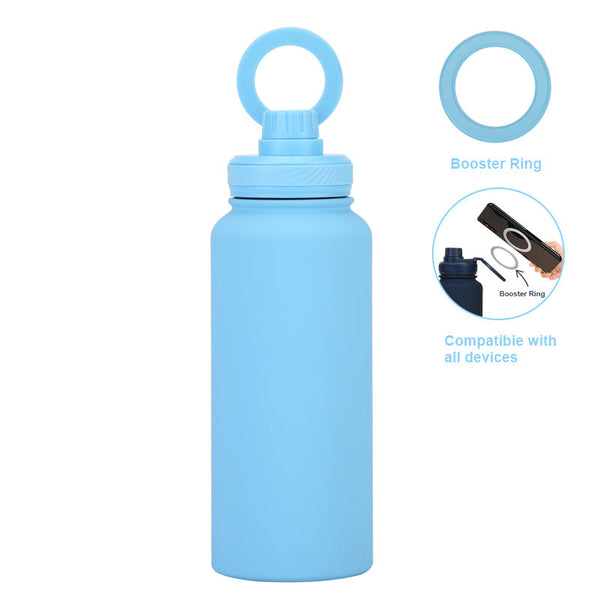 Light Blue 1L Stainless Steel Water Bottle With Magnetic Phone Holder Lid Portable Hydration & Hands Free Stand Water Bottles & Vacuum Flasks