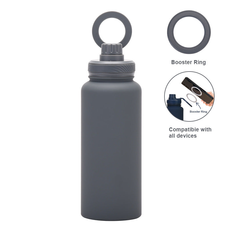 Grey 1L Stainless Steel Water Bottle With Magnetic Phone Holder Lid Portable Hydration & Hands Free Stand Water Bottles & Vacuum Flasks