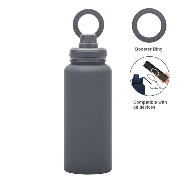 Grey 1L Stainless Steel Water Bottle With Magnetic Phone Holder Lid Portable Hydration & Hands Free Stand Water Bottles & Vacuum Flasks