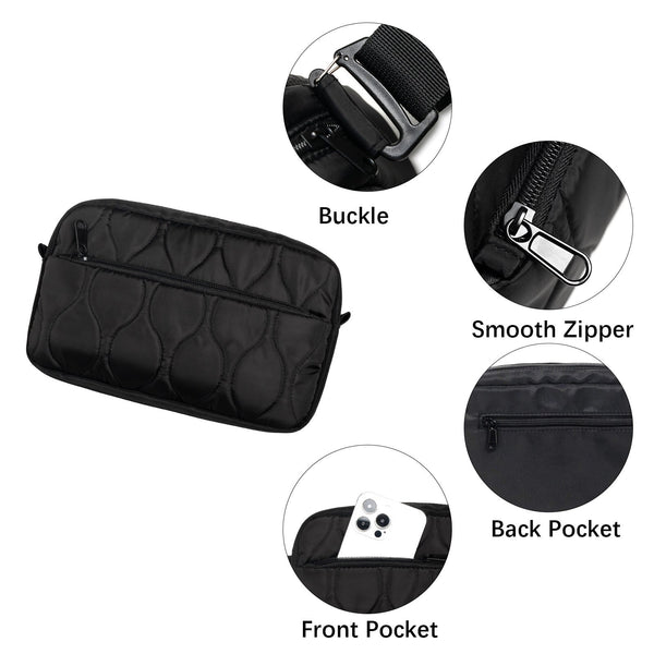 Black Stylish Quilted Belt Bag Lightweight Nylon Crossbody Fanny Pack Women's Bags & Handbags