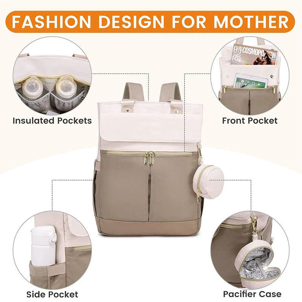 Khaki And Beige Stylish Nappy Bag Backpack Multi Functional Diaper With Insulated Pockets Changing Pad Pacifier Case Nappy Bags