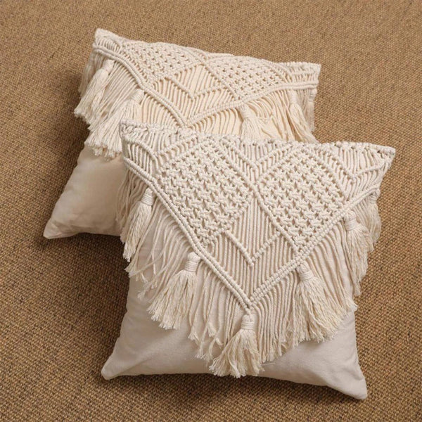 Elosung Beige Boho Chic Macrame Cushion Cover Handmade Woven Cotton Linen Pillow Case With Tassels Decorative Throw Sham 45 X 45Cm Only Cushion Covers