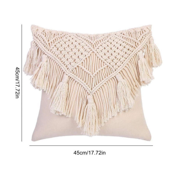 Elosung Beige Boho Chic Macrame Cushion Cover Handmade Woven Cotton Linen Pillow Case With Tassels Decorative Throw Sham 45 X 45Cm Only Cushion Covers