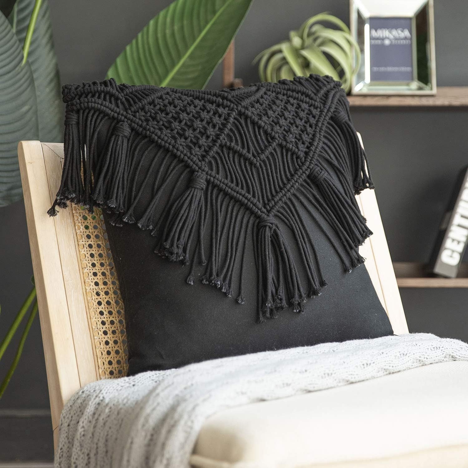 Black Boho Chic Macrame Cushion Cover Handmade Woven Cotton Linen Pillow Case With Tassels Decorative Throw Sham 45X45cm (Cover Only) Cushion Covers