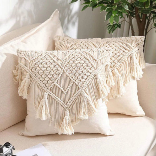 Black Boho Chic Macrame Cushion Cover Handmade Woven Cotton Linen Pillow Case With Tassels Decorative Throw Sham 45X45cm (Cover Only) Cushion Covers