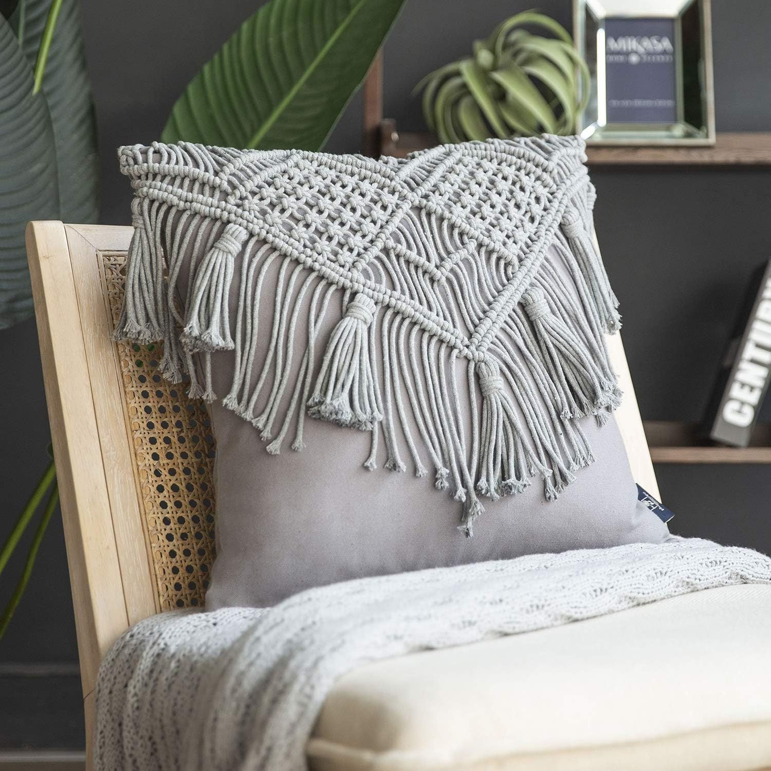 Grey Boho Chic Macrame Cushion Cover Handmade Woven Cotton Linen Pillow Case With Tassels Decorative Throw Sham 45X45cm (Cover Only) Cushion Covers