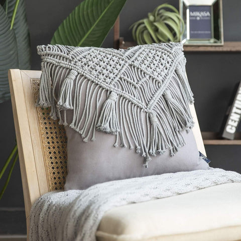 Grey Boho Chic Macrame Cushion Cover Handmade Woven Cotton Linen Pillow Case With Tassels Decorative Throw Sham 45X45cm (Cover Only) Cushion Covers