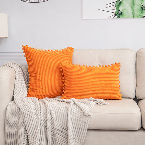 Orange Soft Corduroy Cushion Cover Set (1 Square + Rectangular) With Pom Trim Decorative Throw Pillow Cases For Sofa Couch Cushion Covers