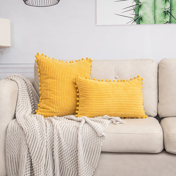 Yellow Soft Corduroy Cushion Cover Set 1 Square + Rectangular With Pom Trim Decorative Throw Pillow Cases For Sofa Couch Cushion Covers