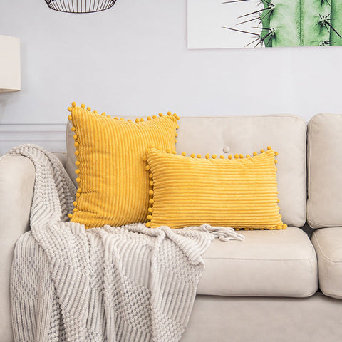 Yellow Soft Corduroy Cushion Cover Set 1 Square + Rectangular With Pom Trim Decorative Throw Pillow Cases For Sofa Couch Cushion Covers