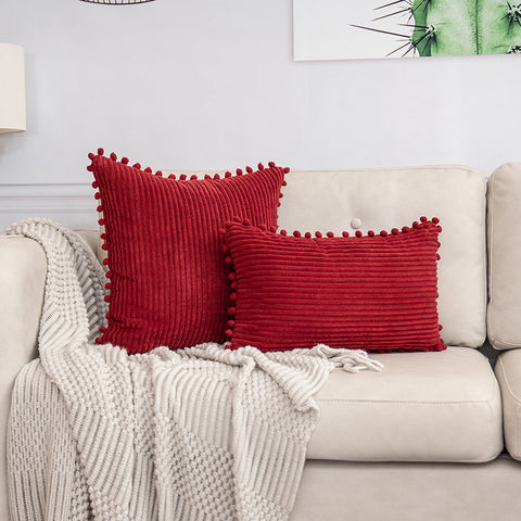 Red Soft Corduroy Cushion Cover Set (1 Square + Rectangular) With Pom Trim Decorative Throw Pillow Cases For Sofa Couch Cushion Covers