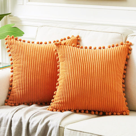 Orange Soft Corduroy With Pom Trim Set Of 2 Decorative Throw Pillow Cases For Sofa Couch Bed 45X45cm Cushion Covers