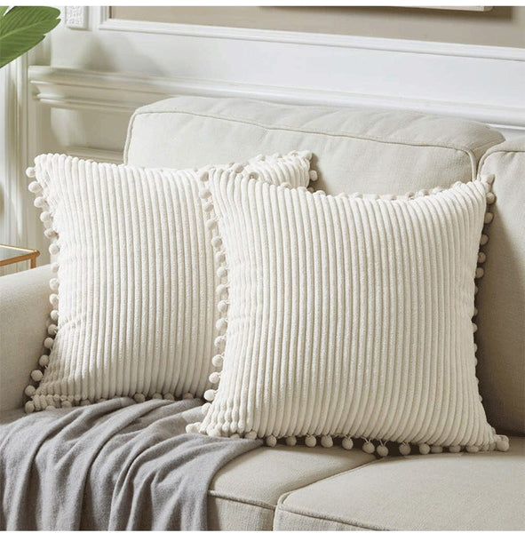 Orange Soft Corduroy With Pom Trim Set Of 2 Decorative Throw Pillow Cases For Sofa Couch Bed 45X45cm Cushion Covers