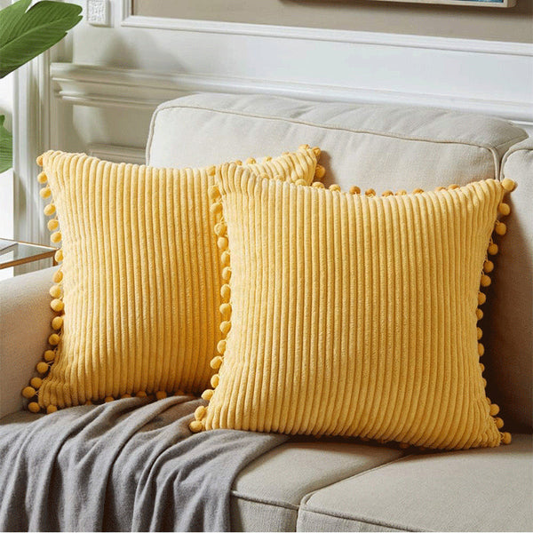 Yellow Soft Corduroy With Pom Trim Set Of 2 Decorative Throw Pillow Cases For Sofa Couch Bed 45 X 45Cm Cushion Covers