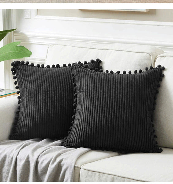 Black Soft Corduroy With Pom Trim Set Of 2 Decorative Throw Pillow Cases For Sofa Couch Bed 45X45cm Cushion Covers