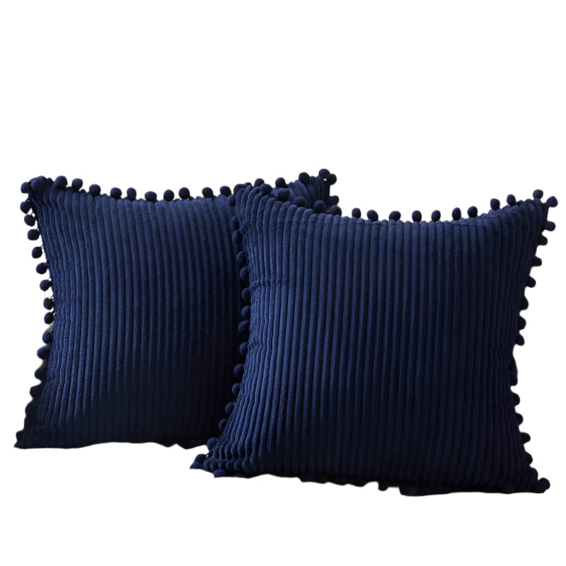Elosung Navy Blue Soft Corduroy With Pom Trim Set Of 2 Decorative Throw Pillow Cases For Sofa Couch Bed 45 X 45Cm Cushion Covers