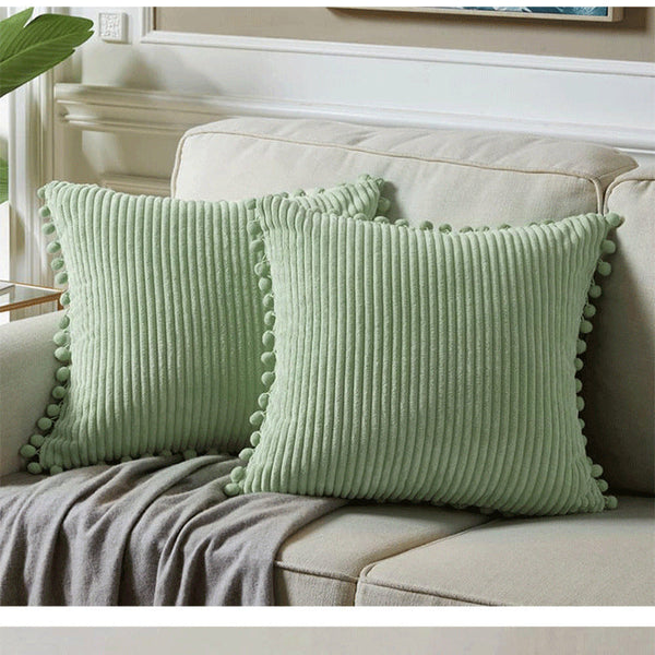 Light Green Soft Corduroy With Pom Trim Set Of 2 Decorative Throw Pillow Cases For Sofa Couch Bed 45X45cm Cushion Covers