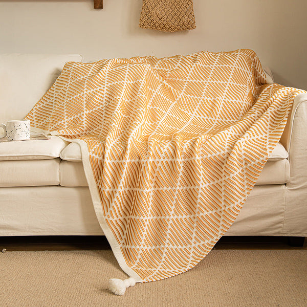 Elosung Yellow Beige Geometric Knit Throw Blanket With Tassels Soft Acrylic 130X150cm Blankets